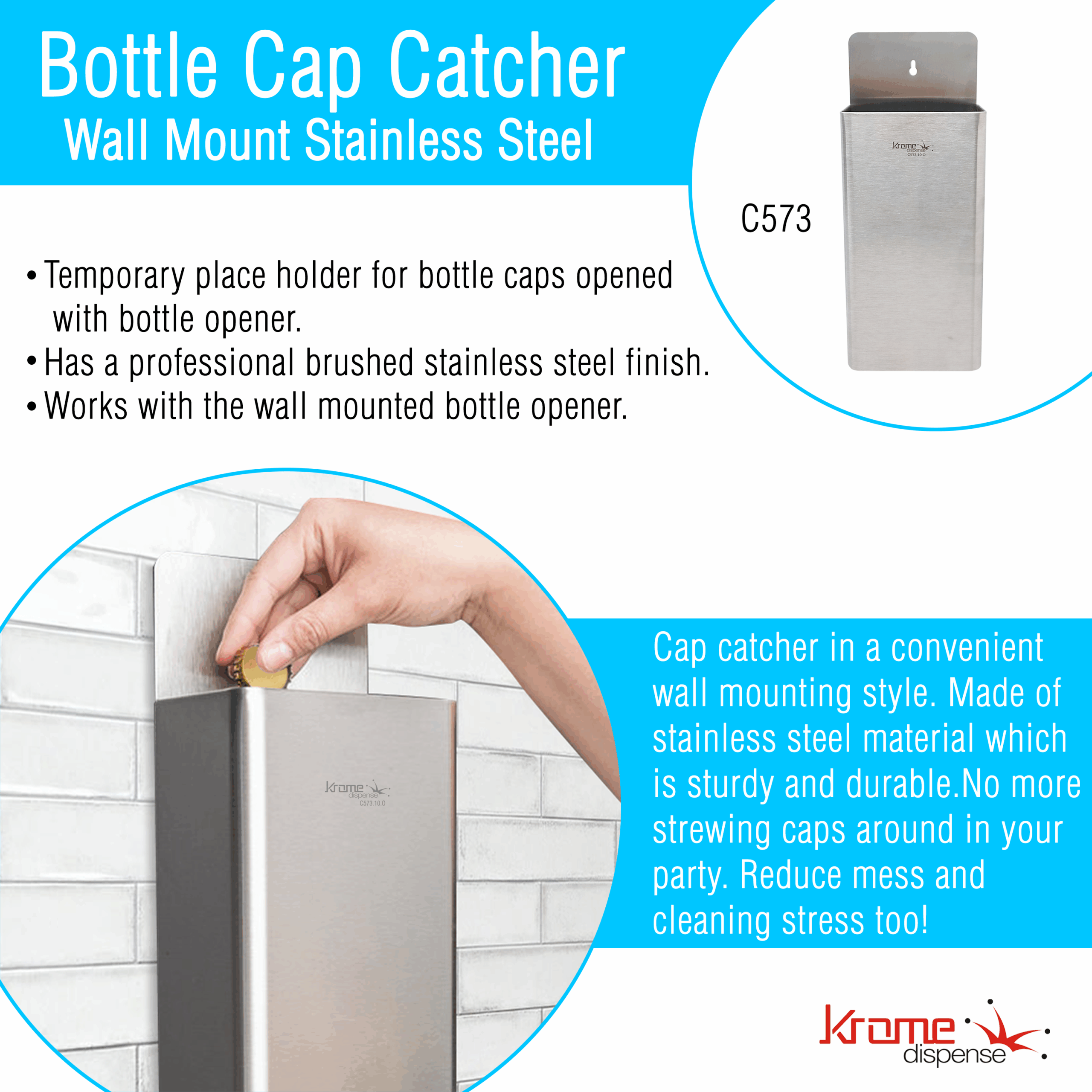Barobjects Stainless Steel Bottle Cap Catcher- Wall Mount - C573