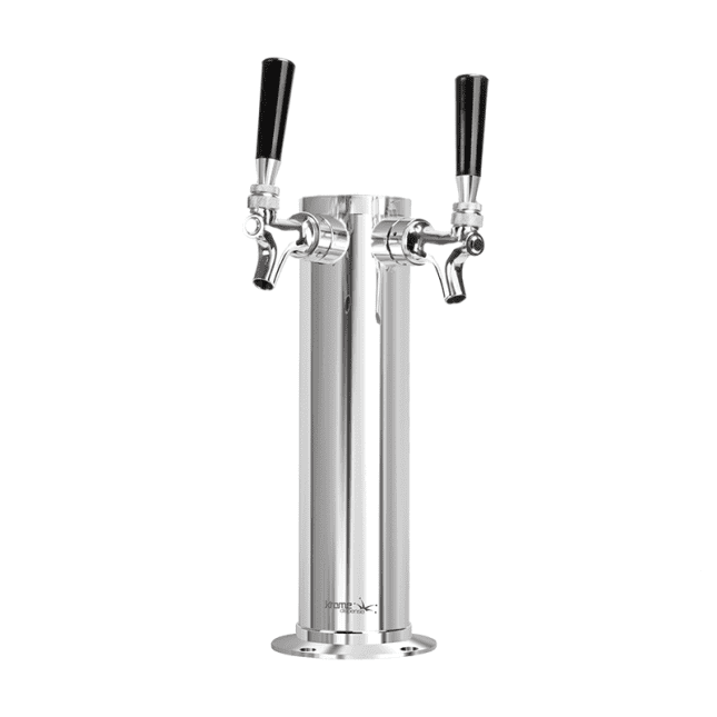 3-inch stainless steel polished air-cooled beer tower with 2 draft beer faucets for kegerators and commercial draft beer systems.
