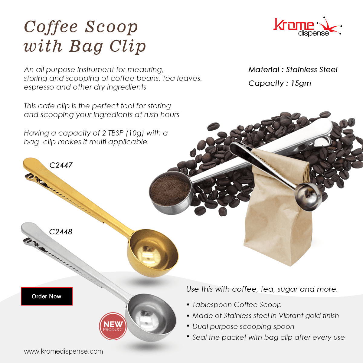 Coffee Scoop with Bag Clip - Vibrant Gold (Pack of 10) - Image 6