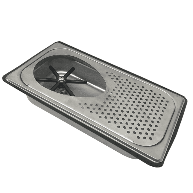 Recessed NSF certified 304 stainless steel milk pitcher rinser with integrated drain board for commercial coffee stations.