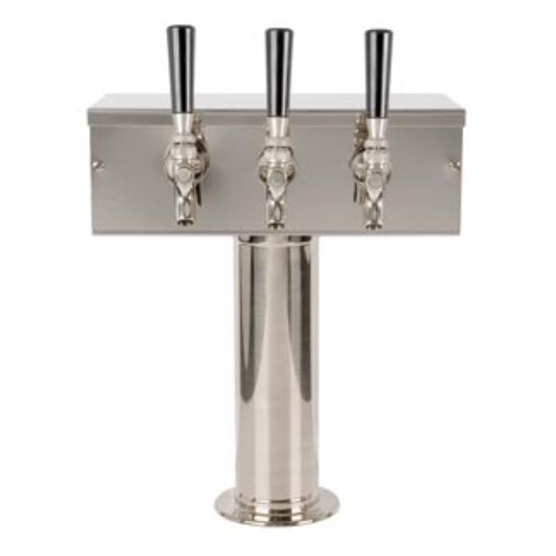 3-inch T-style brushed stainless steel beer tower with three faucets and air-cooled technology for commercial draft beer systems.