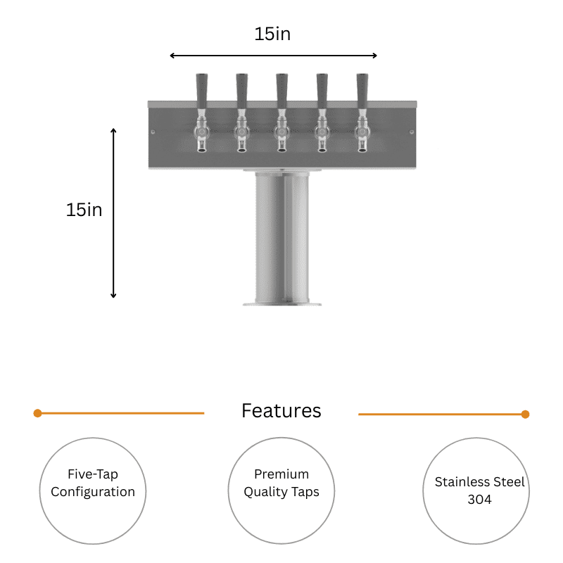 5 Faucet Glycol Beer Tower – Brushed Stainless Steel | 4" T-Style+Free Metal Knob - Image 2