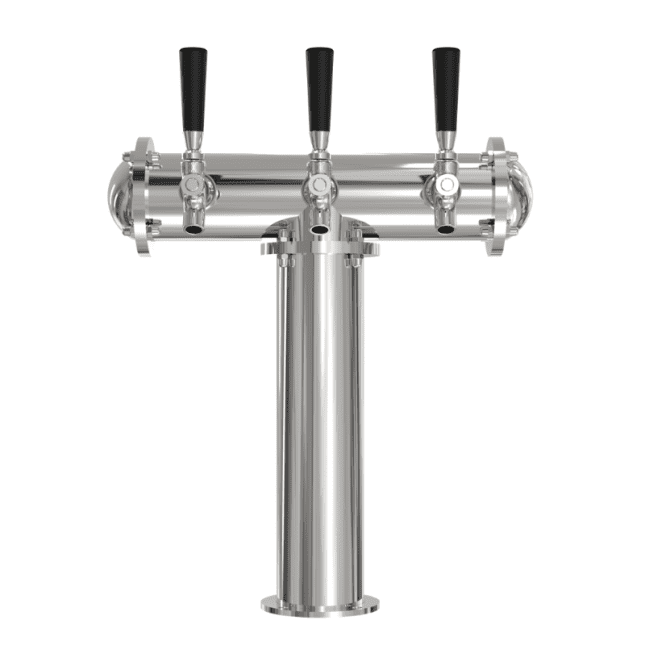 3 tap T style beer tower with air cooled design and polished stainless steel finish