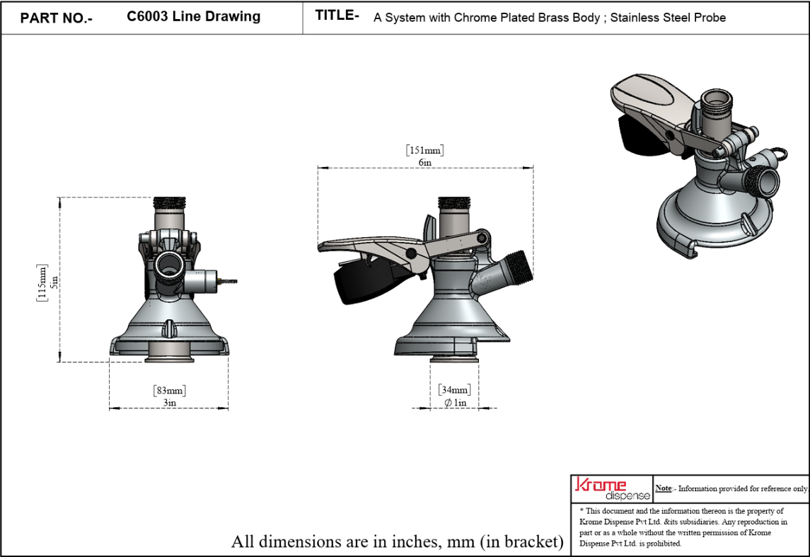 Krome A Type Keg Coupler with Chrome Plated Brass Body, Stainless Steel Probe - Image 2