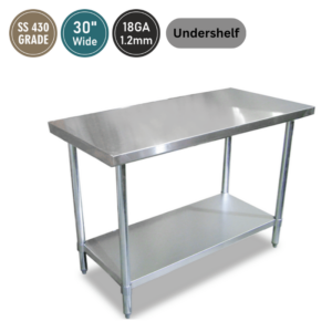 COMMERCIAL WORK TABLES WITH UNDER SHELVE-18 GA 30” WIDE ALL STAINLESS STEEL 430