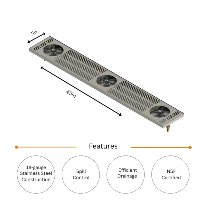 45"x7" Triple Rinser Drip Tray - Brushed Stainless - With Drain - Image 2