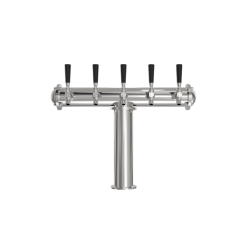 5 tap T style beer tower with air cooled design and polished 304 stainless steel finish